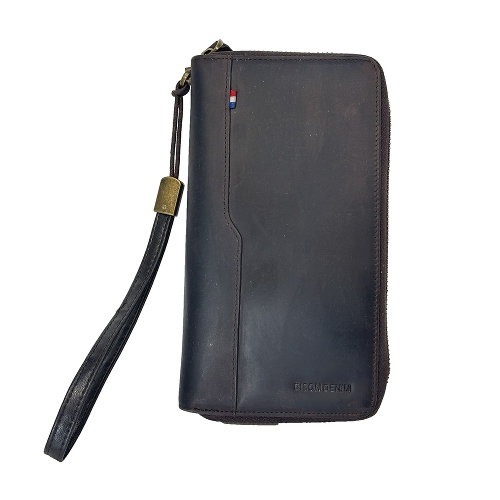 BISON DENIM Genuine Cow Leather Clutch Wallet 8" Women's Pocket Book Purse